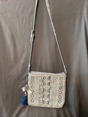 Chico's Navy and Cream Embroidered Crossbody Bag with Tassel